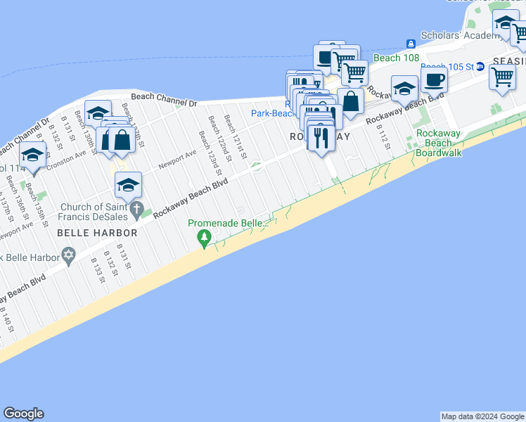 map of restaurants, bars, coffee shops, grocery stores, and more near 131 121 Street in Queens