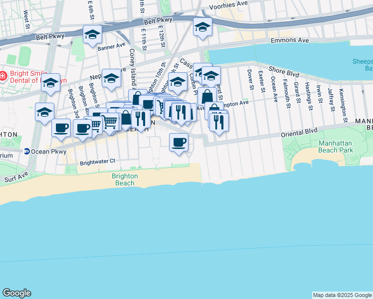 map of restaurants, bars, coffee shops, grocery stores, and more near 3131 Brighton 13th Street in Brooklyn