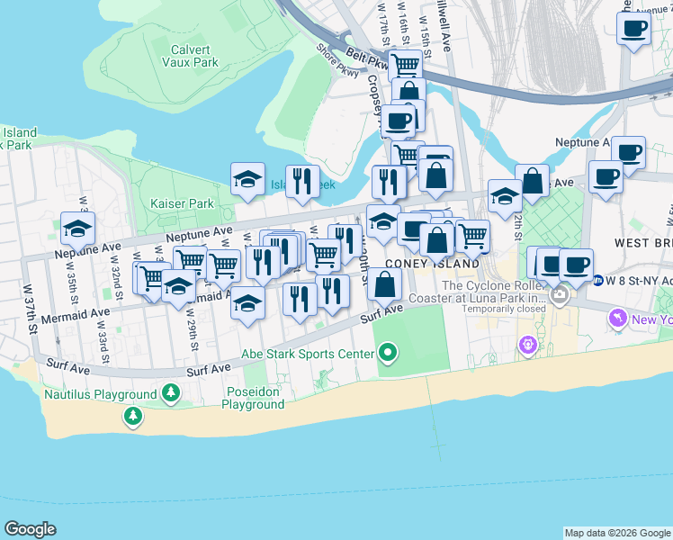 map of restaurants, bars, coffee shops, grocery stores, and more near 2873 West 22nd Street in Brooklyn