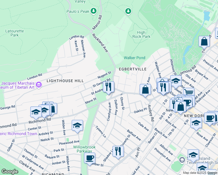 map of restaurants, bars, coffee shops, grocery stores, and more near 58 Saint George Road in Staten Island