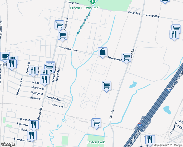 map of restaurants, bars, coffee shops, grocery stores, and more near 130 Essex Avenue East in Woodbridge Township