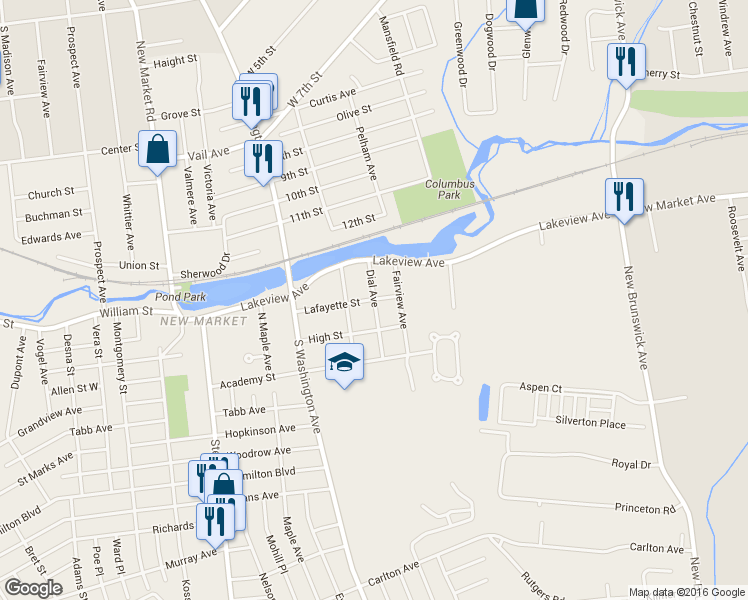 map of restaurants, bars, coffee shops, grocery stores, and more near 136 Lafayette Street in Piscataway