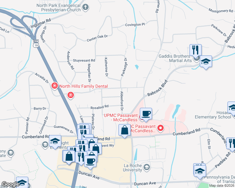 map of restaurants, bars, coffee shops, grocery stores, and more near 931 Amaryllis Drive in Pittsburgh