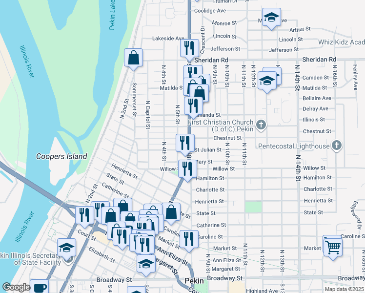 map of restaurants, bars, coffee shops, grocery stores, and more near 1101 North 8th Street in Pekin