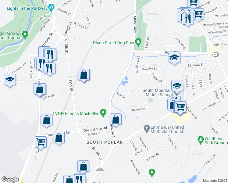 map of restaurants, bars, coffee shops, grocery stores, and more near 1901 Mack Boulevard in Allentown
