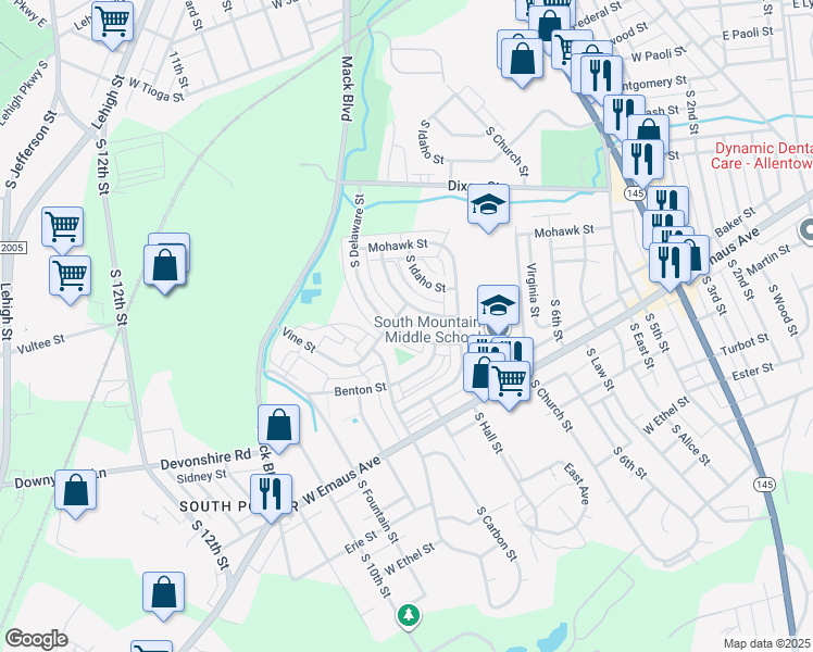 map of restaurants, bars, coffee shops, grocery stores, and more near 2007 South Delaware Street in Allentown