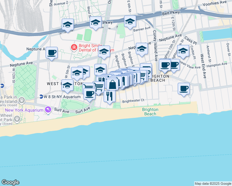 map of restaurants, bars, coffee shops, grocery stores, and more near 3089 Brighton 2nd Street in Brooklyn