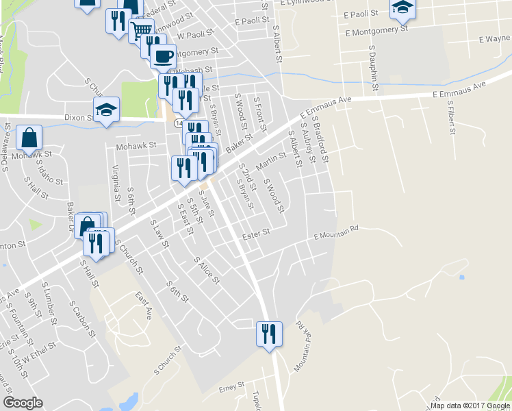 map of restaurants, bars, coffee shops, grocery stores, and more near 2316 South 2nd Street in Allentown