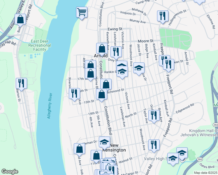 map of restaurants, bars, coffee shops, grocery stores, and more near 1711 Kenneth Avenue in New Kensington