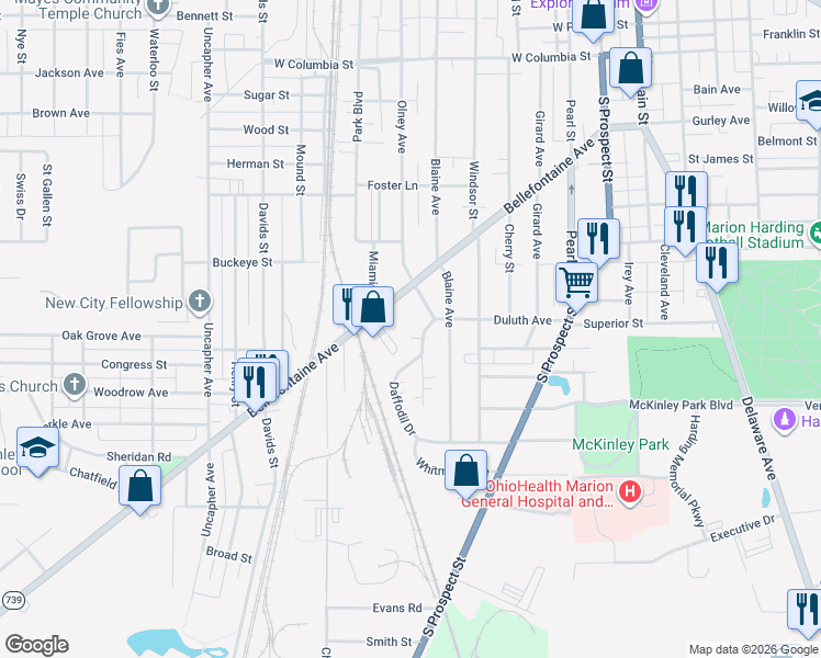 map of restaurants, bars, coffee shops, grocery stores, and more near 2 Poppy Place in Marion