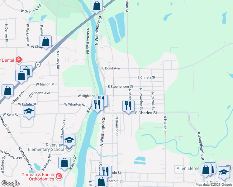 map of restaurants, bars, coffee shops, grocery stores, and more near 195 East Highland Avenue in Marion