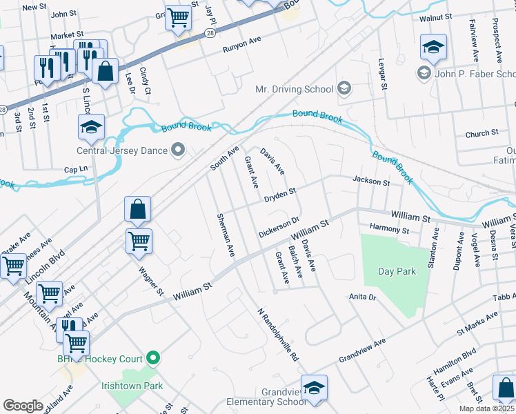 map of restaurants, bars, coffee shops, grocery stores, and more near 421 Dryden Street in Piscataway