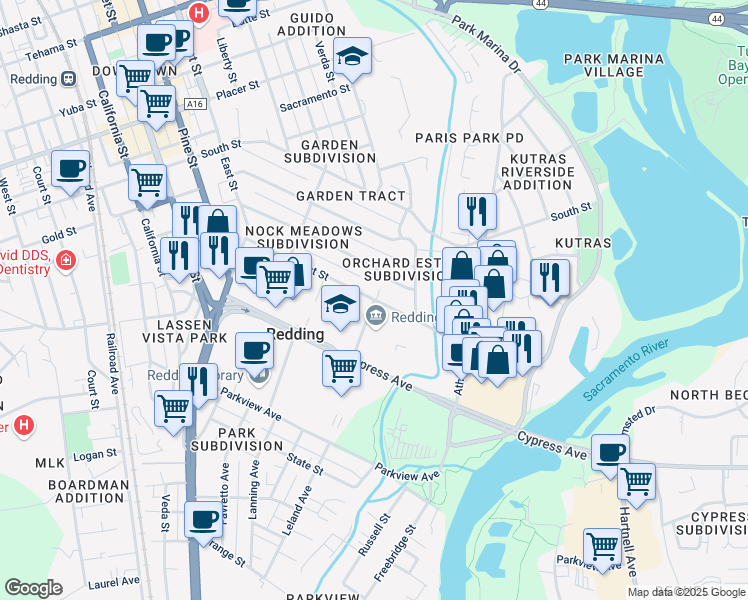 map of restaurants, bars, coffee shops, grocery stores, and more near Locust Street & Civic Center Drive in Redding