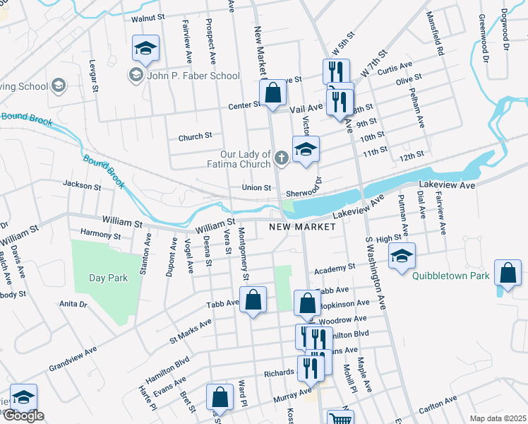map of restaurants, bars, coffee shops, grocery stores, and more near 183 William Street in Piscataway