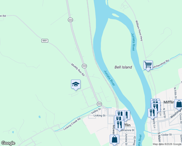 map of restaurants, bars, coffee shops, grocery stores, and more near 6809 Pennsylvania 333 in Mifflintown