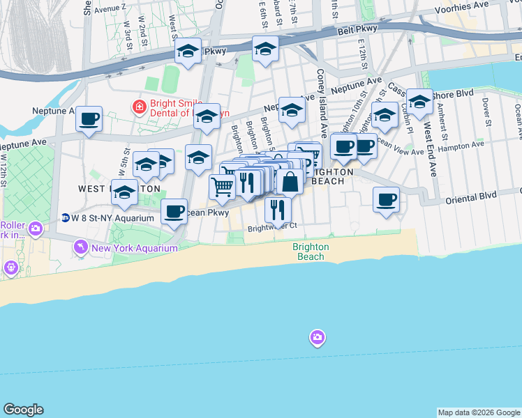 map of restaurants, bars, coffee shops, grocery stores, and more near 3110 Brighton 4th Street in Brooklyn