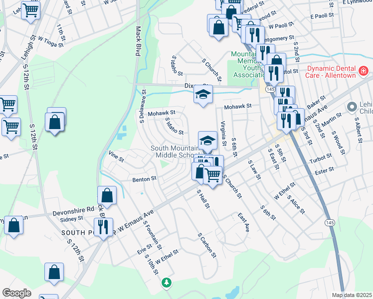 map of restaurants, bars, coffee shops, grocery stores, and more near 2036 Baker Drive in Allentown