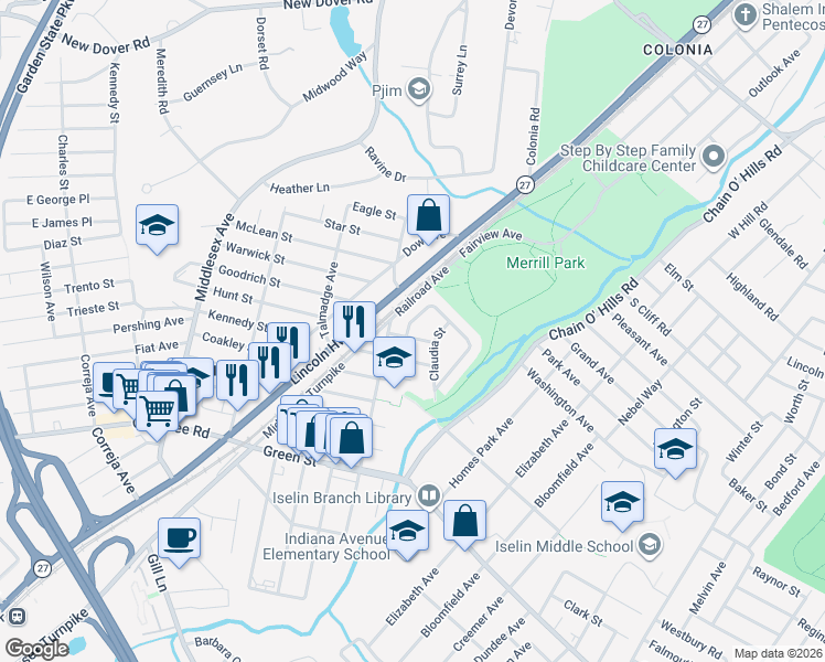 map of restaurants, bars, coffee shops, grocery stores, and more near 92 Pine Street in Woodbridge Township