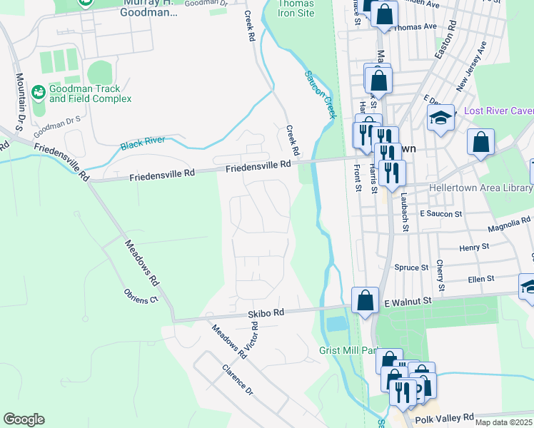 map of restaurants, bars, coffee shops, grocery stores, and more near 1923 Delancey Street in Hellertown