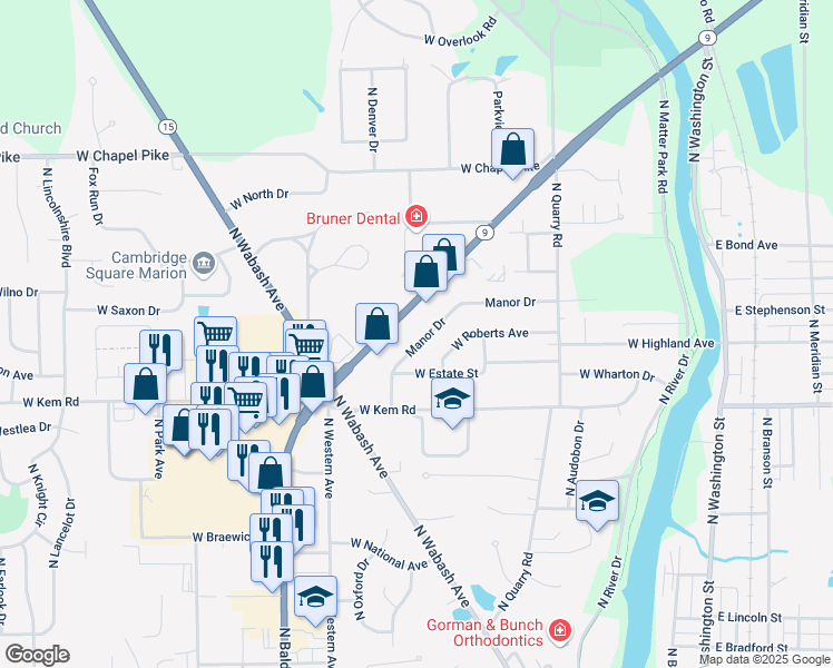 map of restaurants, bars, coffee shops, grocery stores, and more near 1405 North Manor Drive in Marion