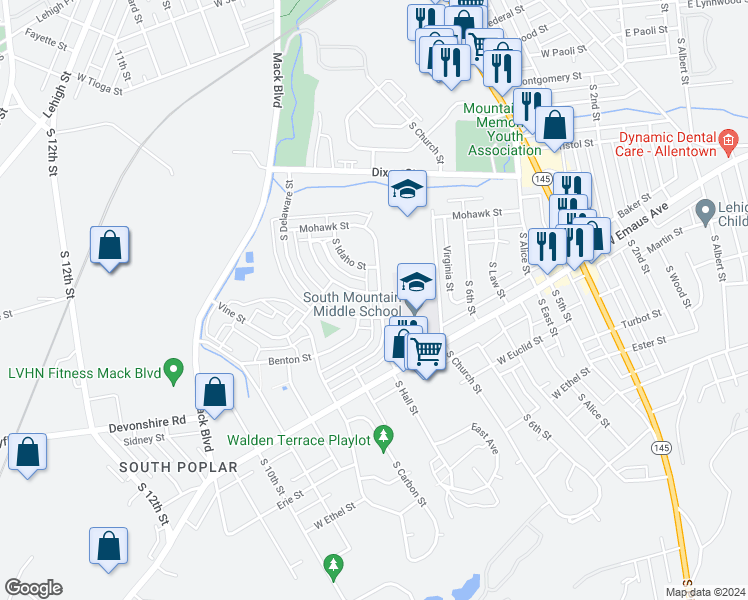 map of restaurants, bars, coffee shops, grocery stores, and more near 2036 Baker Drive in Allentown
