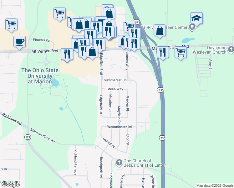 map of restaurants, bars, coffee shops, grocery stores, and more near 433 Mayfield Drive in Marion