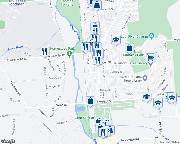 map of restaurants, bars, coffee shops, grocery stores, and more near 53 West Saucon Street in Hellertown