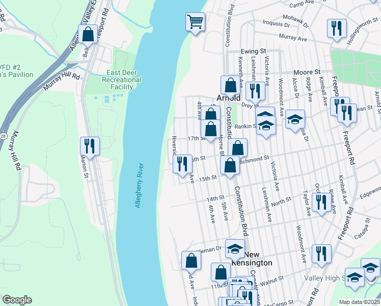 map of restaurants, bars, coffee shops, grocery stores, and more near 1610 3rd Avenue in New Kensington