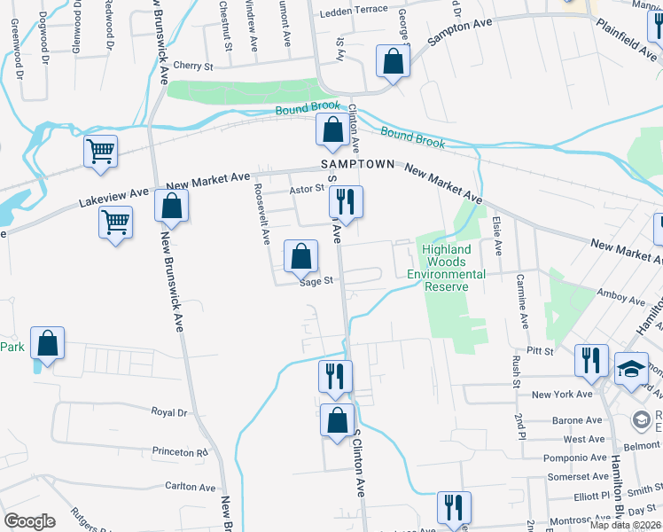 map of restaurants, bars, coffee shops, grocery stores, and more near 2364 South Clinton Avenue in South Plainfield
