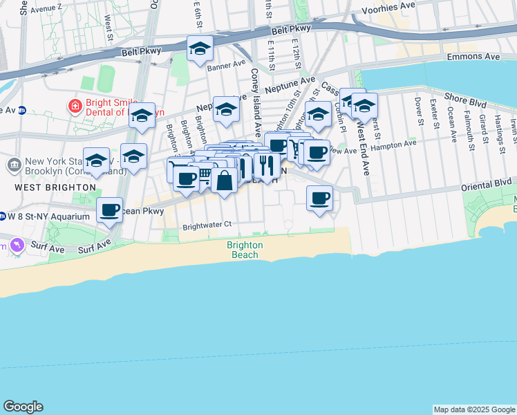 map of restaurants, bars, coffee shops, grocery stores, and more near 3110 Brighton 7th Street in Brooklyn