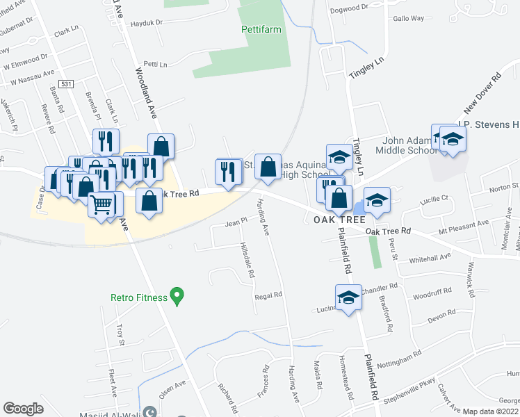 map of restaurants, bars, coffee shops, grocery stores, and more near 136 Harding Avenue in Edison