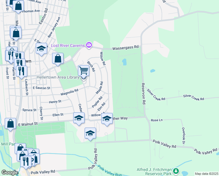 map of restaurants, bars, coffee shops, grocery stores, and more near 415 Willow Road in Hellertown