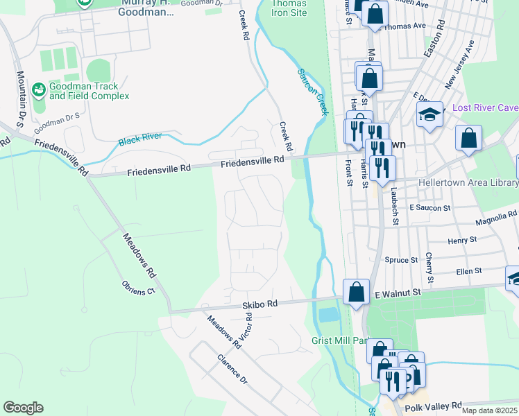 map of restaurants, bars, coffee shops, grocery stores, and more near 1927 Delancey Street in Hellertown