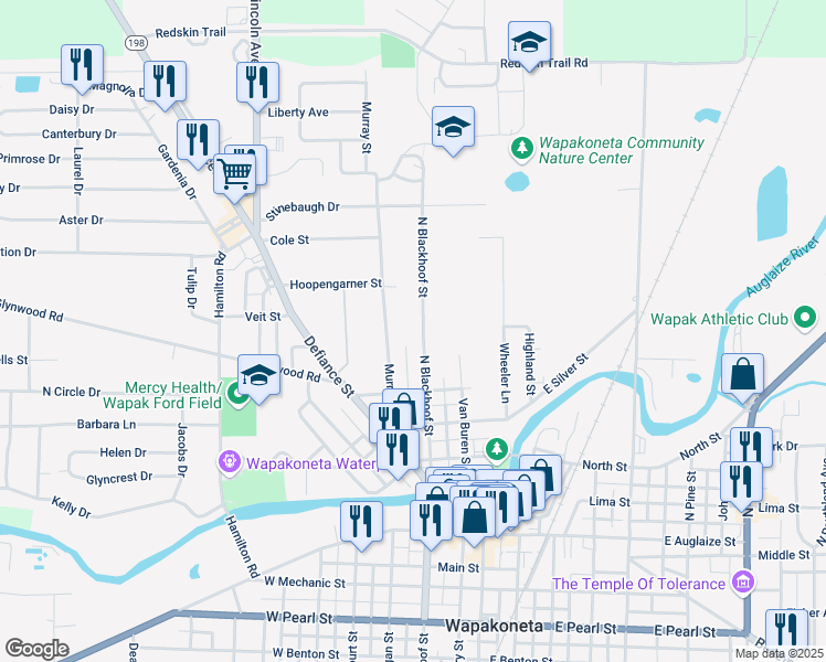 map of restaurants, bars, coffee shops, grocery stores, and more near 609 North Blackhoof Street in Wapakoneta