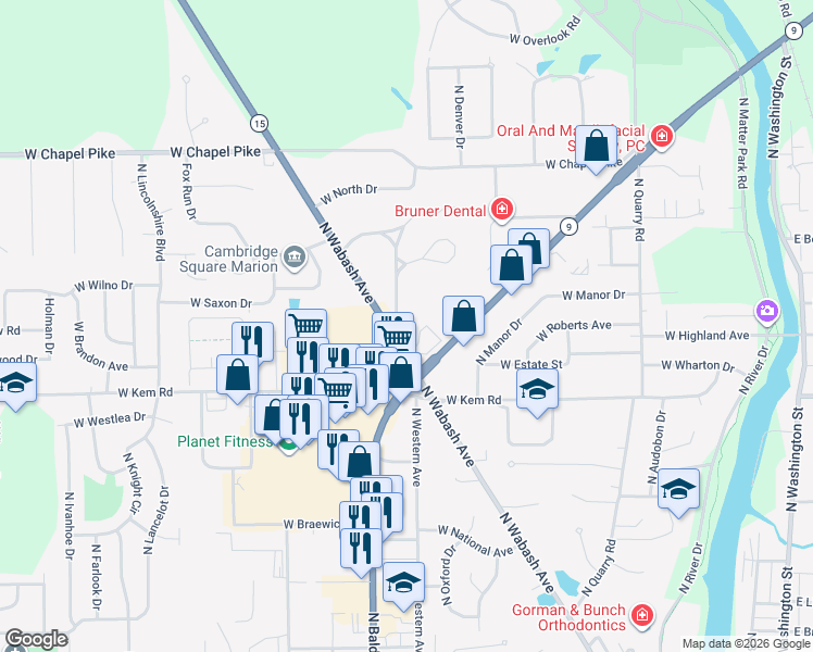 map of restaurants, bars, coffee shops, grocery stores, and more near 1323 North Baldwin Avenue in Marion