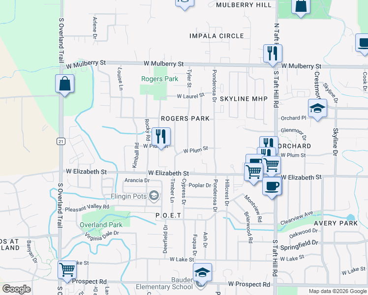 map of restaurants, bars, coffee shops, grocery stores, and more near 2508 West Plum Street in Fort Collins