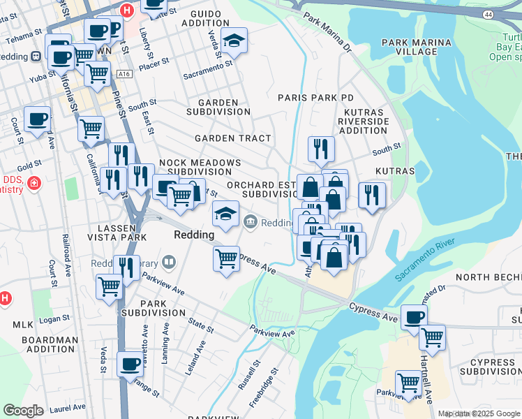 map of restaurants, bars, coffee shops, grocery stores, and more near 620 Locust Street in Redding