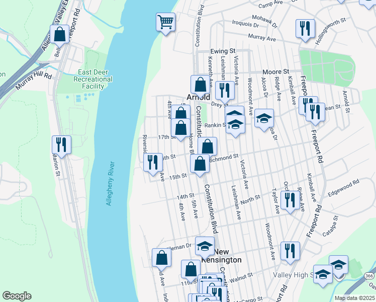 map of restaurants, bars, coffee shops, grocery stores, and more near 1534 Horne Boulevard in New Kensington