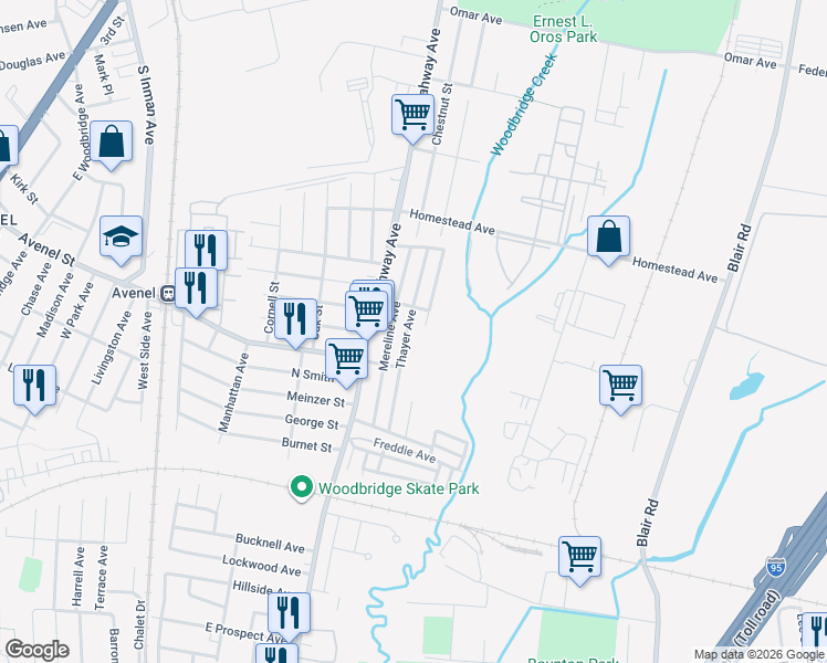 map of restaurants, bars, coffee shops, grocery stores, and more near 1020 Thayer Avenue in Woodbridge Township