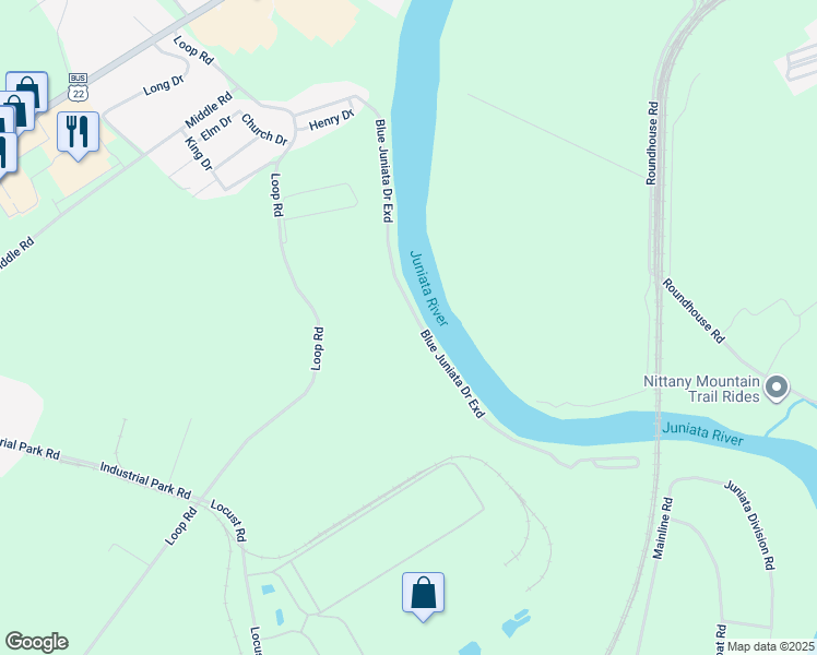 map of restaurants, bars, coffee shops, grocery stores, and more near 297 Blue Juniata Drive in Lewistown