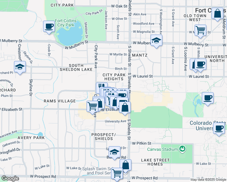 map of restaurants, bars, coffee shops, grocery stores, and more near 1200 West Plum Street in Fort Collins