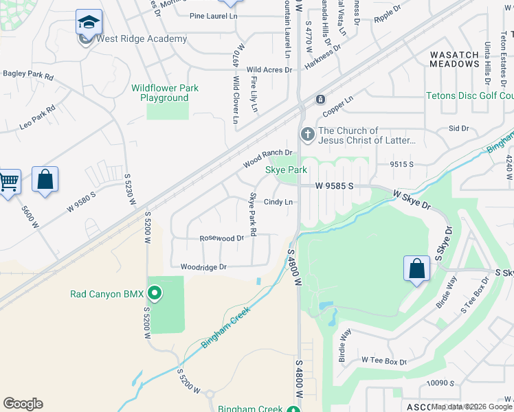 map of restaurants, bars, coffee shops, grocery stores, and more near 9629 Skye Park Road in South Jordan