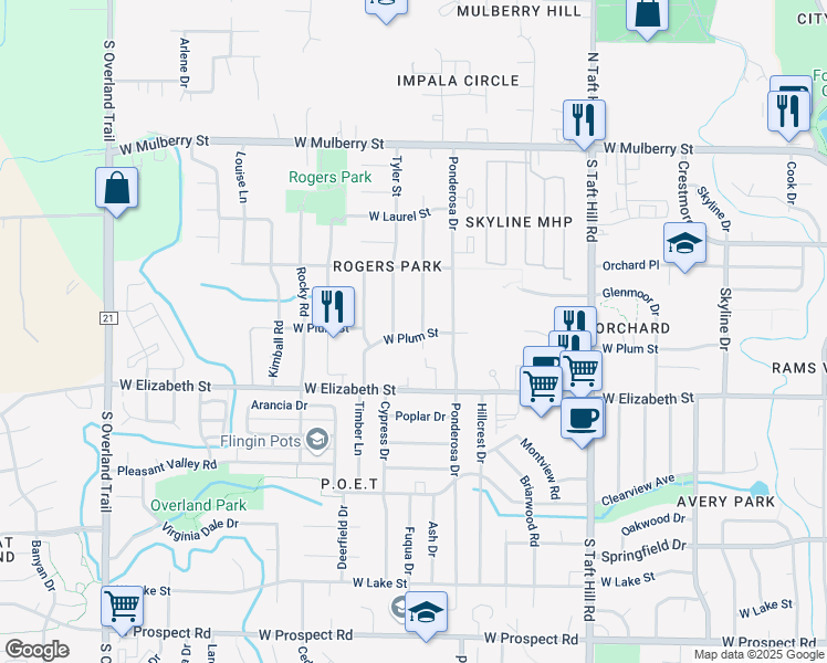map of restaurants, bars, coffee shops, grocery stores, and more near 2415 West Plum Street in Fort Collins