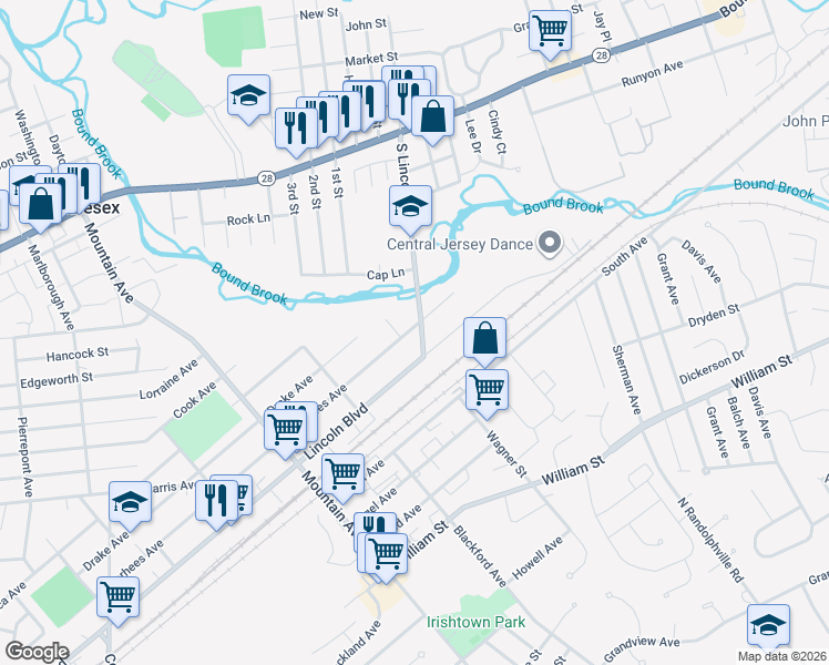 map of restaurants, bars, coffee shops, grocery stores, and more near 240 South Lincoln Avenue in Middlesex