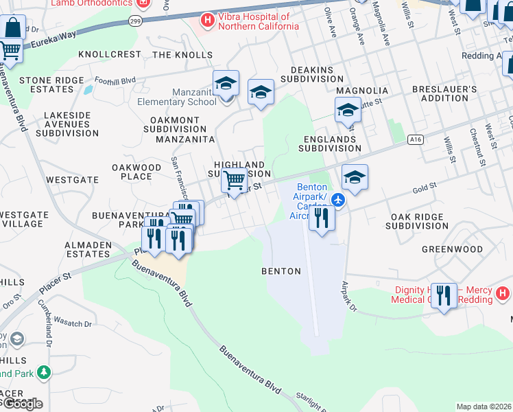 map of restaurants, bars, coffee shops, grocery stores, and more near 1762 Mesa Street in Redding