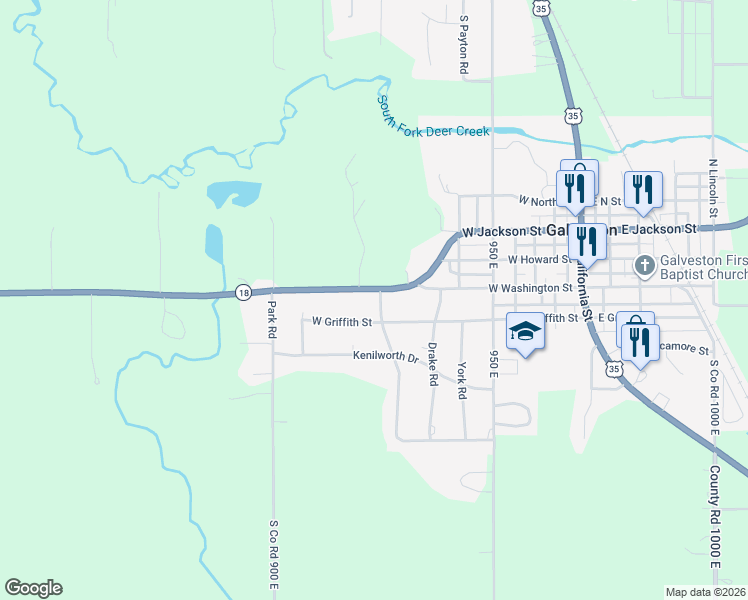 map of restaurants, bars, coffee shops, grocery stores, and more near 501 West Washington Street in Galveston