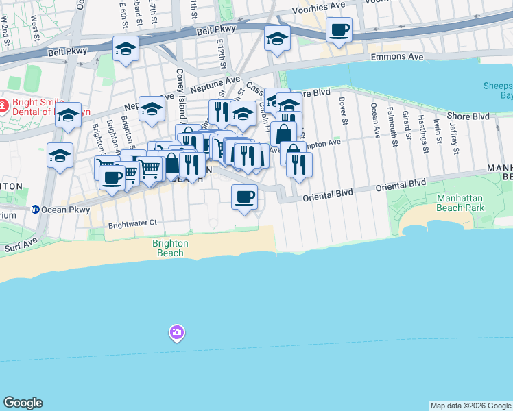map of restaurants, bars, coffee shops, grocery stores, and more near 222 Brighton 15th Street in Brooklyn