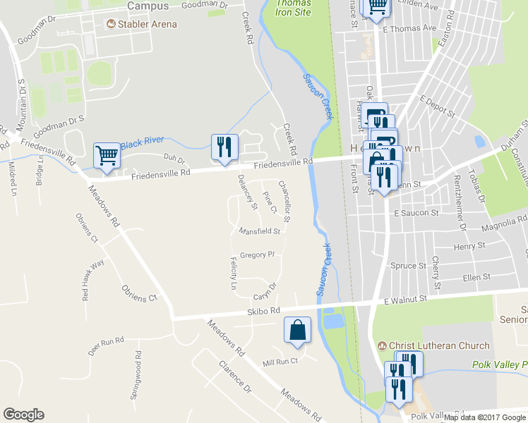 map of restaurants, bars, coffee shops, grocery stores, and more near 1929 Delancey Street in Hellertown
