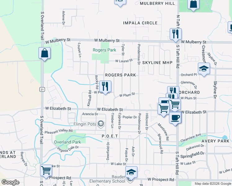 map of restaurants, bars, coffee shops, grocery stores, and more near 2508 West Plum Street in Fort Collins