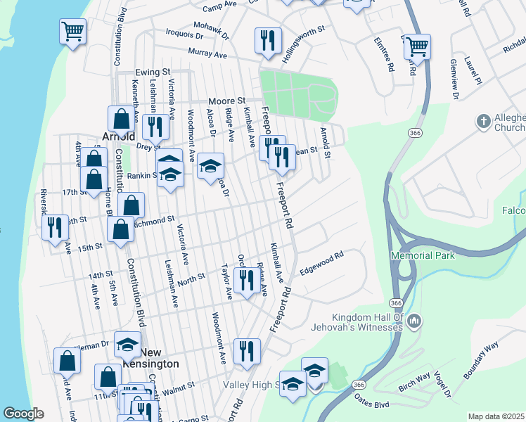 map of restaurants, bars, coffee shops, grocery stores, and more near 1615 Kimball Avenue in New Kensington